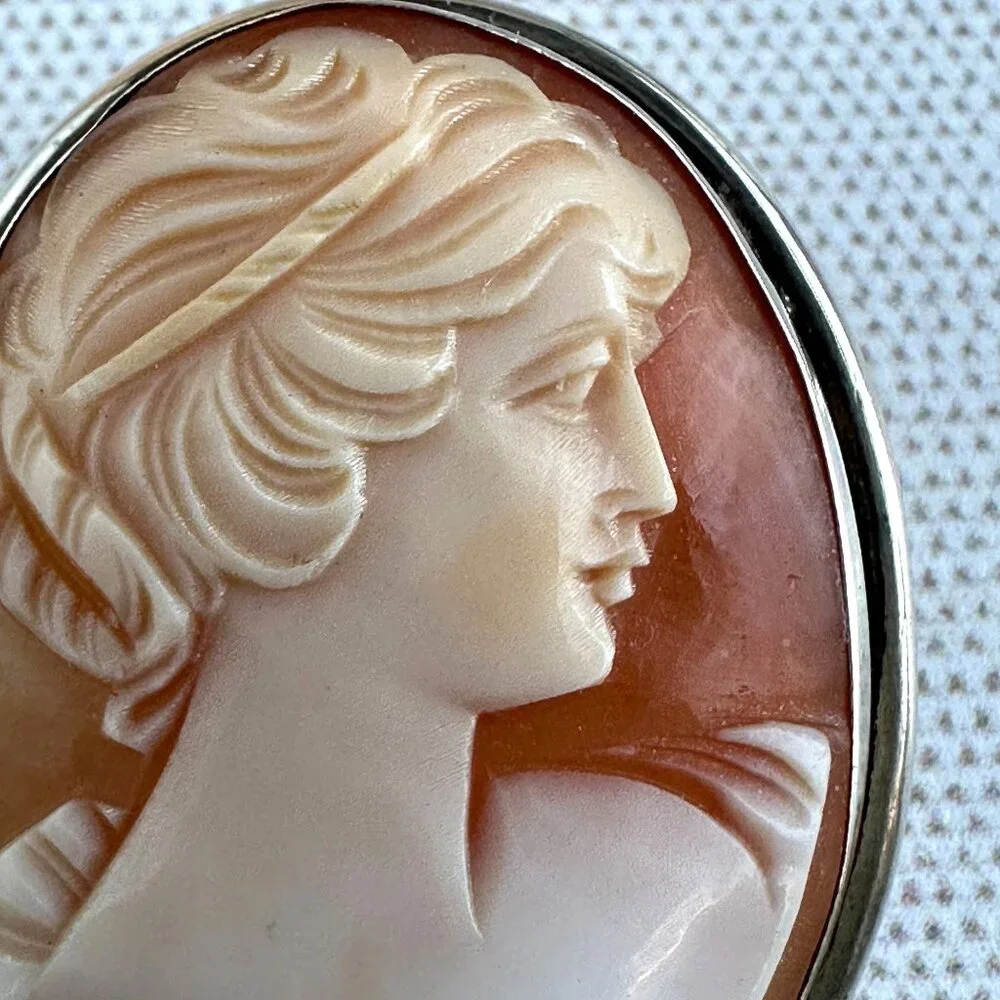 Vintage 800 Silver Shell Cameo Brooch Pendant - Picture 8 of 14